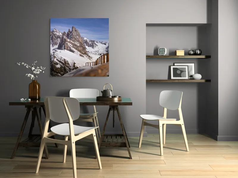 Tablou Canvas, "Drumul spre vârful înzăpezit alpin", Munte, Zăpadă, Cer, Stâncă, Potecă, Iarnă, Priveliște, Senin, Vârfuri, Natură, 100 x 100 cm – poza 6