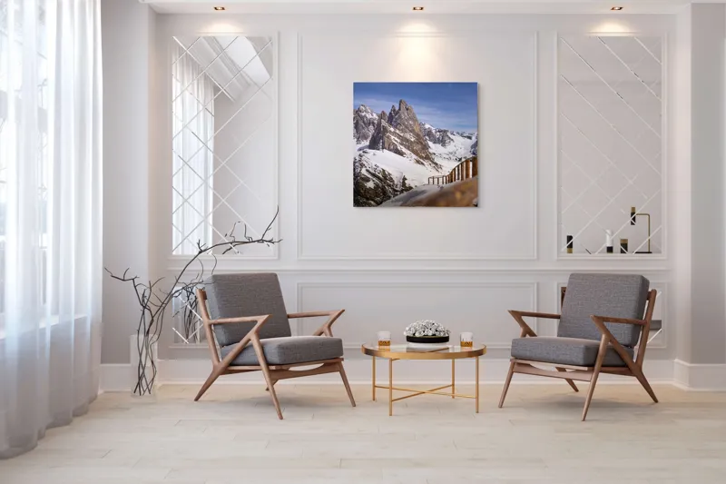 Tablou Canvas, "Drumul spre vârful înzăpezit alpin", Munte, Zăpadă, Cer, Stâncă, Potecă, Iarnă, Priveliște, Senin, Vârfuri, Natură, 100 x 100 cm – poza 7