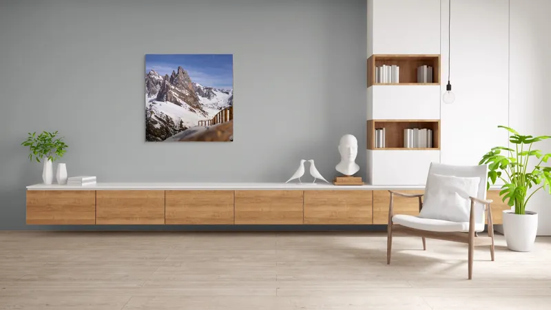 Tablou Canvas, "Drumul spre vârful înzăpezit alpin", Munte, Zăpadă, Cer, Stâncă, Potecă, Iarnă, Priveliște, Senin, Vârfuri, Natură, 100 x 100 cm – poza 8