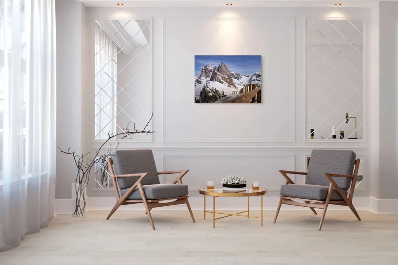Tablou Canvas, "Drumul spre vârful înzăpezit alpin", Munte, Zăpadă, Cer, Stâncă, Potecă, Iarnă, Priveliște, Senin, Vârfuri, Natură, 100 x 70 cm – poza 5