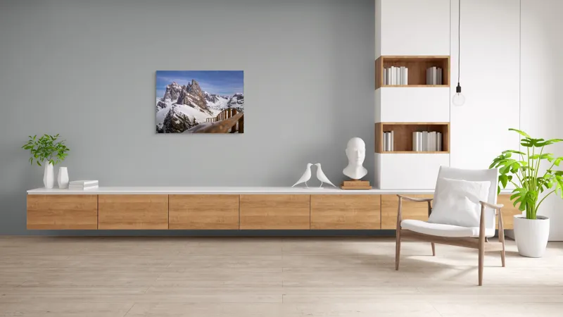 Tablou Canvas, "Drumul spre vârful înzăpezit alpin", Munte, Zăpadă, Cer, Stâncă, Potecă, Iarnă, Priveliște, Senin, Vârfuri, Natură, 100 x 70 cm – poza 6