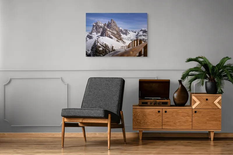 Tablou Canvas, "Drumul spre vârful înzăpezit alpin", Munte, Zăpadă, Cer, Stâncă, Potecă, Iarnă, Priveliște, Senin, Vârfuri, Natură, 100 x 70 cm – poza 8