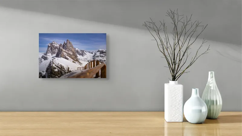 Tablou Canvas, "Drumul spre vârful înzăpezit alpin", Munte, Zăpadă, Cer, Stâncă, Potecă, Iarnă, Priveliște, Senin, Vârfuri, Natură, 39 x 26 cm – poza 8