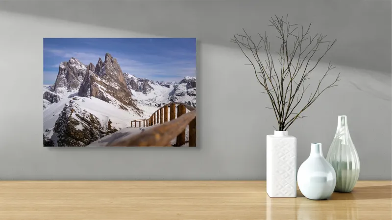 Tablou Canvas, "Drumul spre vârful înzăpezit alpin", Munte, Zăpadă, Cer, Stâncă, Potecă, Iarnă, Priveliște, Senin, Vârfuri, Natură, 54 x 39 cm – poza 3