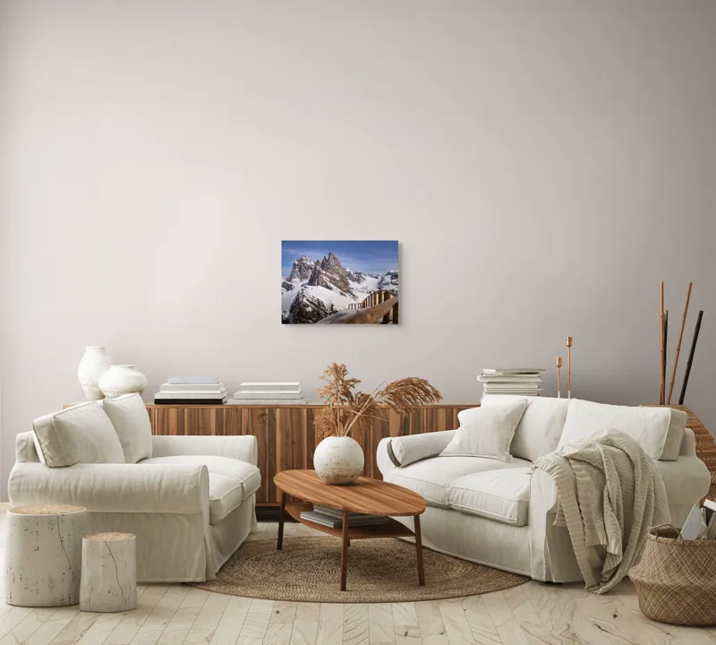 Tablou Canvas, "Drumul spre vârful înzăpezit alpin", Munte, Zăpadă, Cer, Stâncă, Potecă, Iarnă, Priveliște, Senin, Vârfuri, Natură, 54 x 39 cm – poza 5