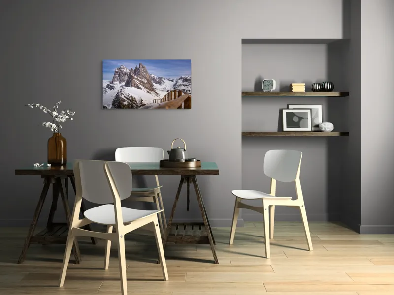 Tablou Canvas, "Drumul spre vârful înzăpezit alpin", Munte, Zăpadă, Cer, Stâncă, Potecă, Iarnă, Priveliște, Senin, Vârfuri, Natură, 90 x 50 cm – poza 3