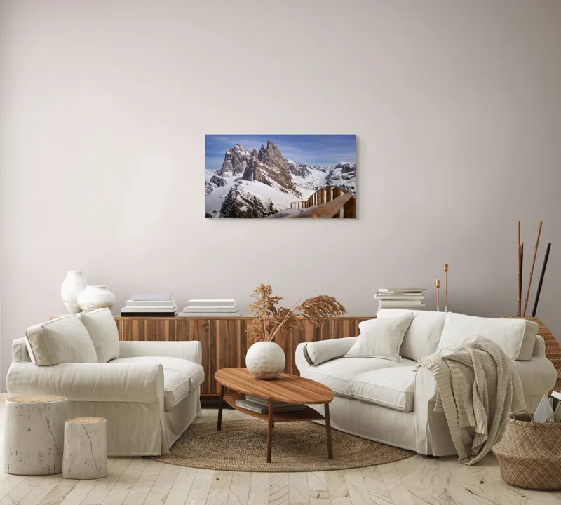 Tablou Canvas, "Drumul spre vârful înzăpezit alpin", Munte, Zăpadă, Cer, Stâncă, Potecă, Iarnă, Priveliște, Senin, Vârfuri, Natură, 90 x 50 cm – poza 4
