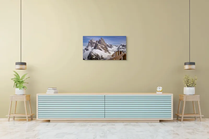Tablou Canvas, "Drumul spre vârful înzăpezit alpin", Munte, Zăpadă, Cer, Stâncă, Potecă, Iarnă, Priveliște, Senin, Vârfuri, Natură, 90 x 50 cm – poza 5