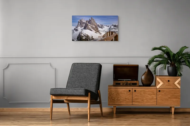 Tablou Canvas, "Drumul spre vârful înzăpezit alpin", Munte, Zăpadă, Cer, Stâncă, Potecă, Iarnă, Priveliște, Senin, Vârfuri, Natură, 90 x 50 cm – poza 6