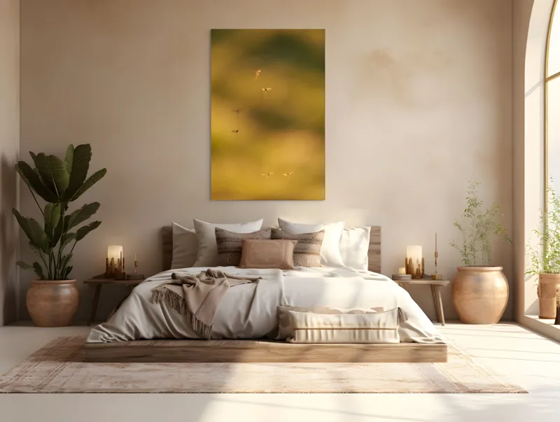 Tablou Canvas, "Dansul țânțarilor în lumina apusului", Țânțari, Zbor, Etereal, Apus, Delicatețe, Natură, 100 x 150 cm – poza 3