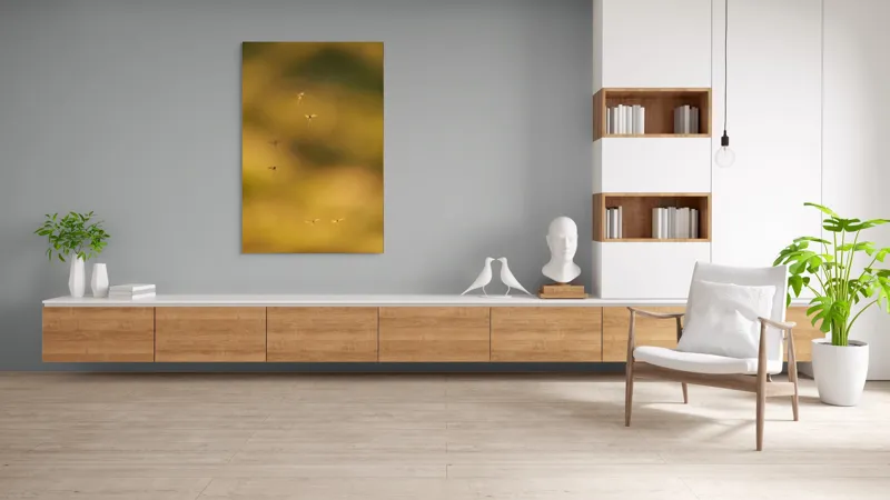 Tablou Canvas, "Dansul țânțarilor în lumina apusului", Țânțari, Zbor, Etereal, Apus, Delicatețe, Natură, 100 x 150 cm – poza 8