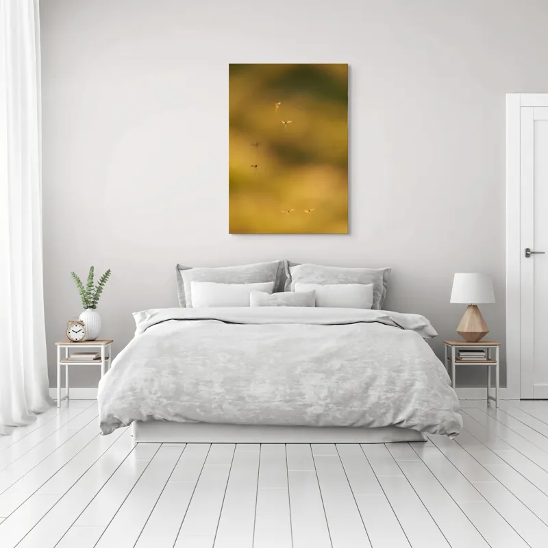 Tablou Canvas, "Dansul țânțarilor în lumina apusului", Țânțari, Zbor, Etereal, Apus, Delicatețe, Natură, 70 x 100 cm – poza 3