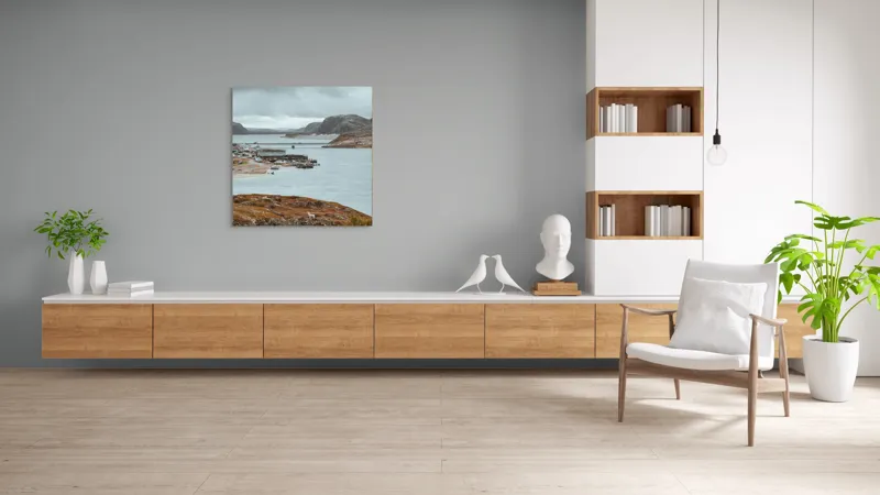 Tablou Canvas, "Peisaj nordic cu fiord și sat", Nor, Liniște, Peisaj, Munți, Apă, Nori, Hărțiș, Toamnă, Natură, Vedere, 100 x 100 cm – poza 8