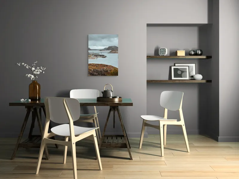 Tablou Canvas, "Peisaj nordic cu fiord și sat", Nor, Liniște, Peisaj, Munți, Apă, Nori, Hărțiș, Toamnă, Natură, Vedere, 50 x 70 cm – poza 5