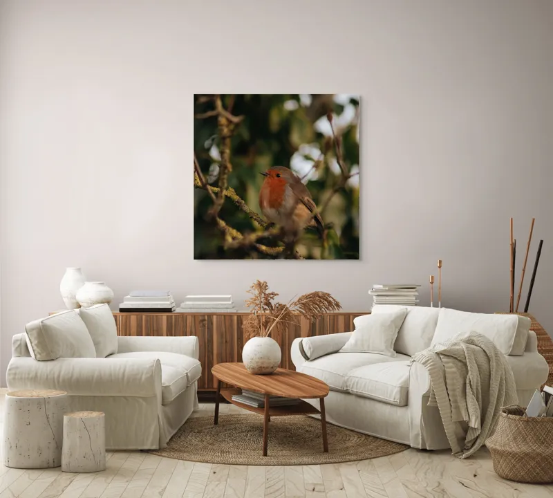 Tablou Canvas, "Mierlă în ramura umbrită de frunze", Pasăre, Crenguță, Roșu, Blândă, Frunziș, Verde, Contrast, Natură, Ochii, Frumusețe, 100 x 100 cm – poza 3