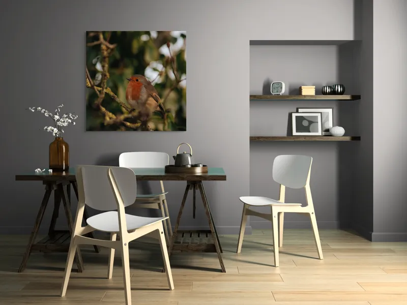 Tablou Canvas, "Mierlă în ramura umbrită de frunze", Pasăre, Crenguță, Roșu, Blândă, Frunziș, Verde, Contrast, Natură, Ochii, Frumusețe, 100 x 100 cm – poza 6