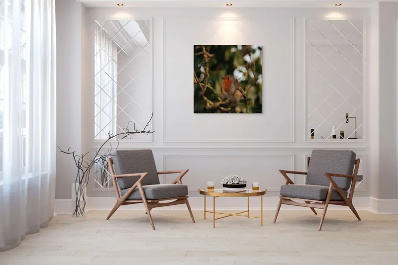 Tablou Canvas, "Mierlă în ramura umbrită de frunze", Pasăre, Crenguță, Roșu, Blândă, Frunziș, Verde, Contrast, Natură, Ochii, Frumusețe, 100 x 100 cm – poza 7