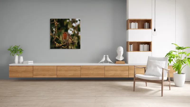 Tablou Canvas, "Mierlă în ramura umbrită de frunze", Pasăre, Crenguță, Roșu, Blândă, Frunziș, Verde, Contrast, Natură, Ochii, Frumusețe, 100 x 100 cm – poza 8