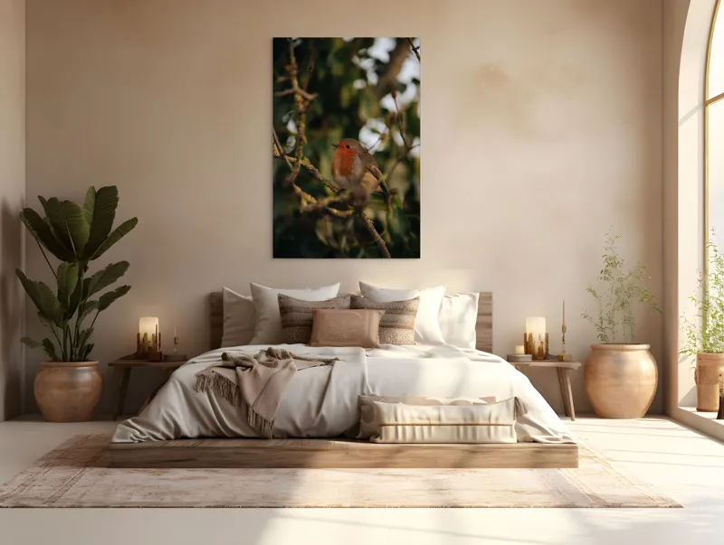 Tablou Canvas, "Mierlă în ramura umbrită de frunze", Pasăre, Crenguță, Roșu, Blândă, Frunziș, Verde, Contrast, Natură, Ochii, Frumusețe, 100 x 150 cm – poza 3