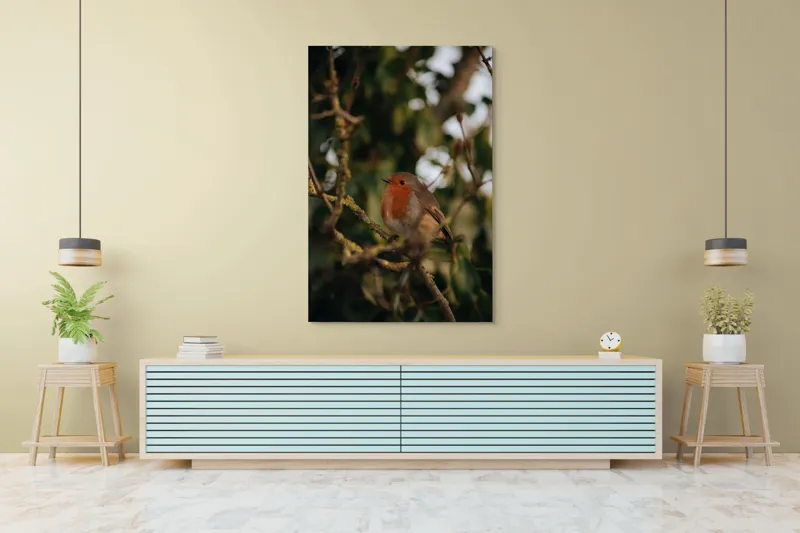 Tablou Canvas, "Mierlă în ramura umbrită de frunze", Pasăre, Crenguță, Roșu, Blândă, Frunziș, Verde, Contrast, Natură, Ochii, Frumusețe, 100 x 150 cm – poza 4