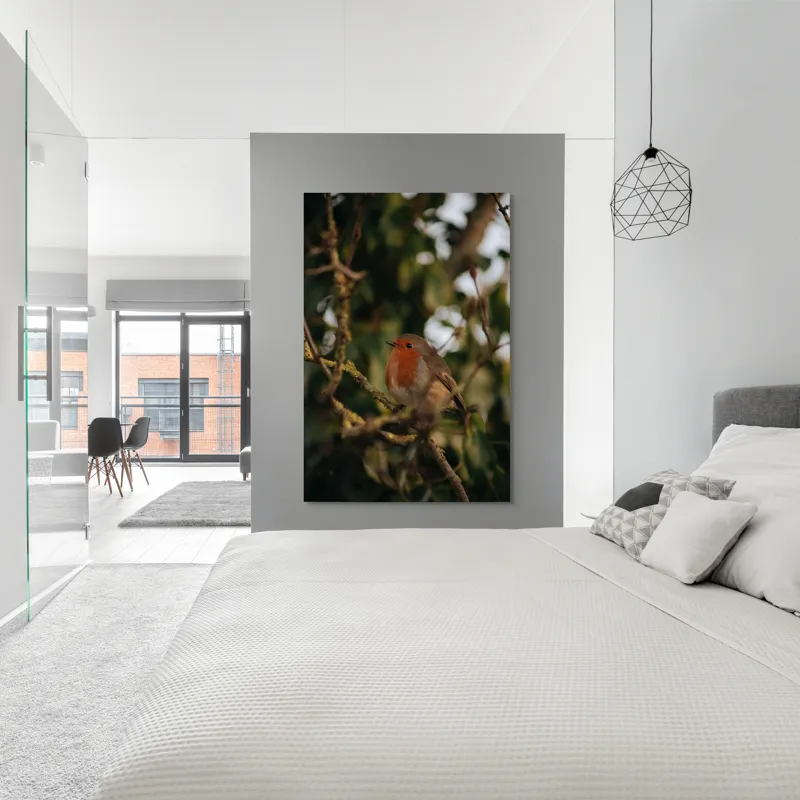 Tablou Canvas, "Mierlă în ramura umbrită de frunze", Pasăre, Crenguță, Roșu, Blândă, Frunziș, Verde, Contrast, Natură, Ochii, Frumusețe, 100 x 150 cm – poza 5