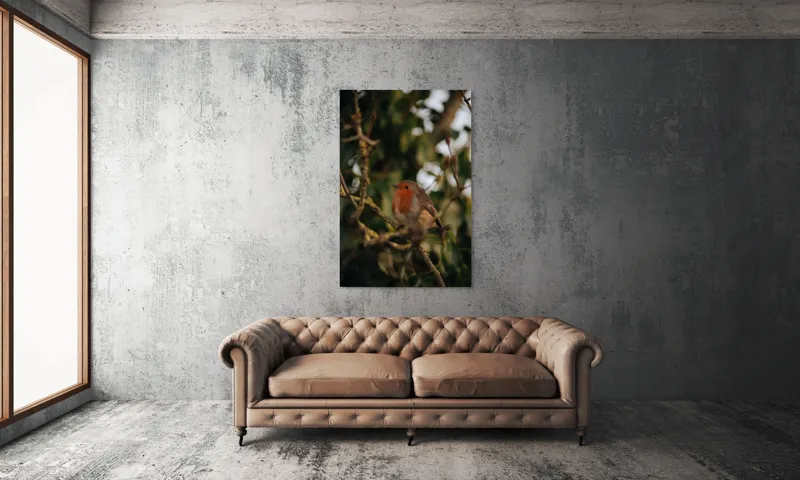 Tablou Canvas, "Mierlă în ramura umbrită de frunze", Pasăre, Crenguță, Roșu, Blândă, Frunziș, Verde, Contrast, Natură, Ochii, Frumusețe, 100 x 150 cm – poza 6