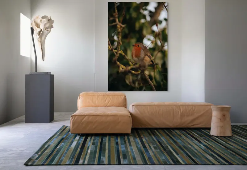 Tablou Canvas, "Mierlă în ramura umbrită de frunze", Pasăre, Crenguță, Roșu, Blândă, Frunziș, Verde, Contrast, Natură, Ochii, Frumusețe, 100 x 150 cm – poza 7