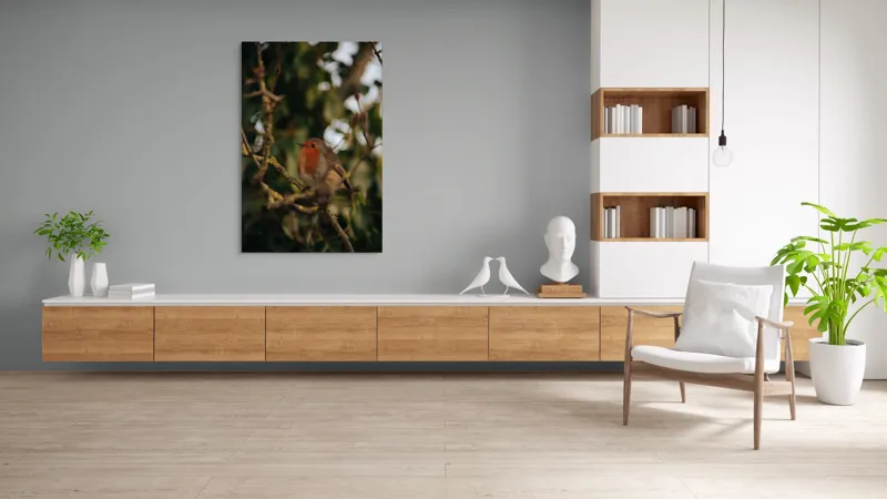 Tablou Canvas, "Mierlă în ramura umbrită de frunze", Pasăre, Crenguță, Roșu, Blândă, Frunziș, Verde, Contrast, Natură, Ochii, Frumusețe, 100 x 150 cm – poza 8
