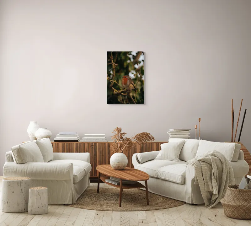 Tablou Canvas, "Mierlă în ramura umbrită de frunze", Pasăre, Crenguță, Roșu, Blândă, Frunziș, Verde, Contrast, Natură, Ochii, Frumusețe, 50 x 70 cm – poza 4