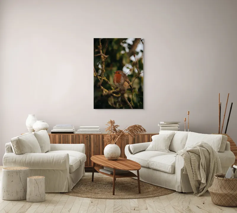 Tablou Canvas, "Mierlă în ramura umbrită de frunze", Pasăre, Crenguță, Roșu, Blândă, Frunziș, Verde, Contrast, Natură, Ochii, Frumusețe, 70 x 100 cm – poza 4