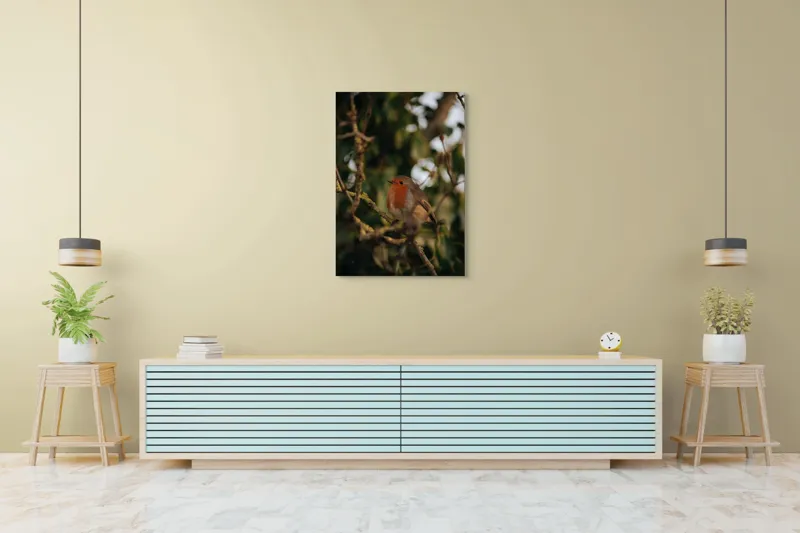 Tablou Canvas, "Mierlă în ramura umbrită de frunze", Pasăre, Crenguță, Roșu, Blândă, Frunziș, Verde, Contrast, Natură, Ochii, Frumusețe, 70 x 100 cm – poza 5