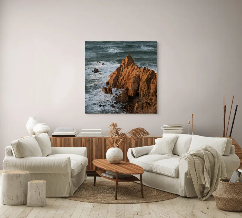 Tablou Canvas, "Ape sărate la stânci ascuțite", Stânci, Apus, Ocean, Valuri, Natură, Coastă, Peisaj, Dramatic, Stâncoasă, Înalțime., 100 x 100 cm – poza 3