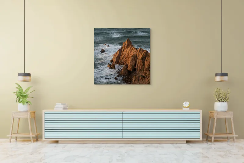 Tablou Canvas, "Ape sărate la stânci ascuțite", Stânci, Apus, Ocean, Valuri, Natură, Coastă, Peisaj, Dramatic, Stâncoasă, Înalțime., 100 x 100 cm – poza 5