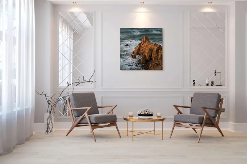 Tablou Canvas, "Ape sărate la stânci ascuțite", Stânci, Apus, Ocean, Valuri, Natură, Coastă, Peisaj, Dramatic, Stâncoasă, Înalțime., 100 x 100 cm – poza 7