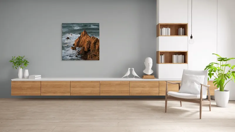 Tablou Canvas, "Ape sărate la stânci ascuțite", Stânci, Apus, Ocean, Valuri, Natură, Coastă, Peisaj, Dramatic, Stâncoasă, Înalțime., 100 x 100 cm – poza 8