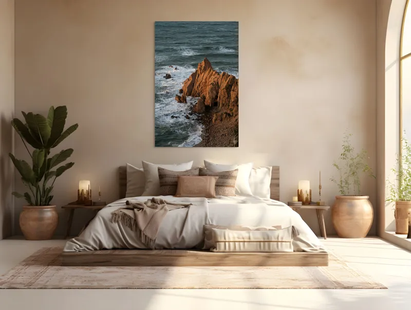 Tablou Canvas, "Ape sărate la stânci ascuțite", Stânci, Apus, Ocean, Valuri, Natură, Coastă, Peisaj, Dramatic, Stâncoasă, Înalțime., 100 x 150 cm – poza 3