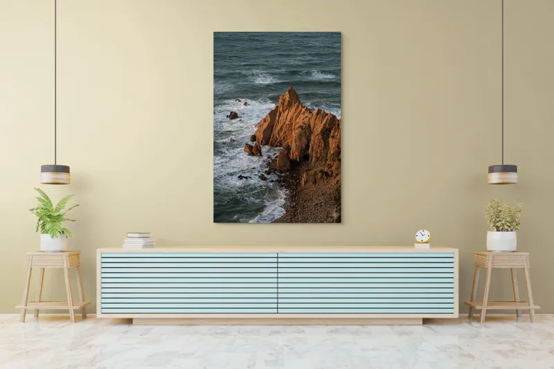 Tablou Canvas, "Ape sărate la stânci ascuțite", Stânci, Apus, Ocean, Valuri, Natură, Coastă, Peisaj, Dramatic, Stâncoasă, Înalțime., 100 x 150 cm – poza 4
