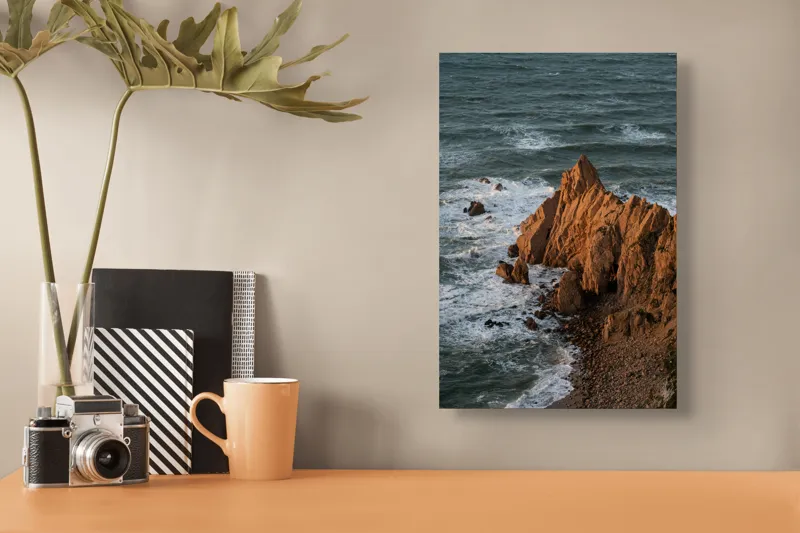 Tablou Canvas, "Ape sărate la stânci ascuțite", Stânci, Apus, Ocean, Valuri, Natură, Coastă, Peisaj, Dramatic, Stâncoasă, Înalțime., 26 x 39 cm – poza 3