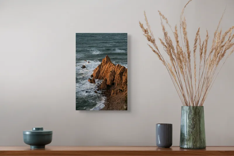 Tablou Canvas, "Ape sărate la stânci ascuțite", Stânci, Apus, Ocean, Valuri, Natură, Coastă, Peisaj, Dramatic, Stâncoasă, Înalțime., 26 x 39 cm – poza 5