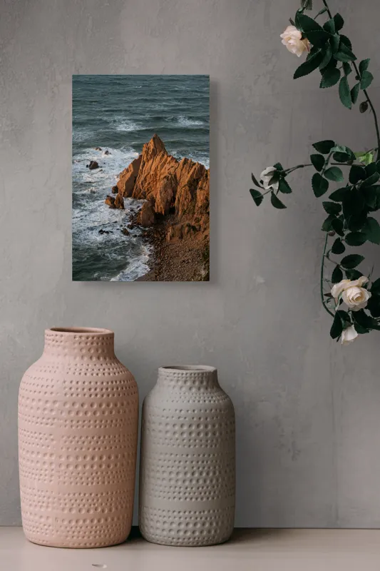Tablou Canvas, "Ape sărate la stânci ascuțite", Stânci, Apus, Ocean, Valuri, Natură, Coastă, Peisaj, Dramatic, Stâncoasă, Înalțime., 26 x 39 cm – poza 6