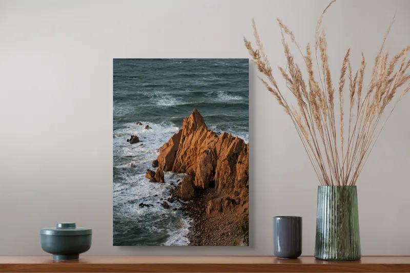 Tablou Canvas, "Ape sărate la stânci ascuțite", Stânci, Apus, Ocean, Valuri, Natură, Coastă, Peisaj, Dramatic, Stâncoasă, Înalțime., 39 x 54 cm – poza 3