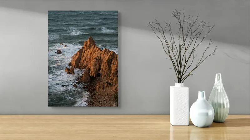 Tablou Canvas, "Ape sărate la stânci ascuțite", Stânci, Apus, Ocean, Valuri, Natură, Coastă, Peisaj, Dramatic, Stâncoasă, Înalțime., 39 x 54 cm – poza 4