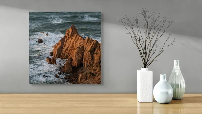 Tablou Canvas, "Ape sărate la stânci ascuțite", Stânci, Apus, Ocean, Valuri, Natură, Coastă, Peisaj, Dramatic, Stâncoasă, Înalțime., 50 x 50 cm – poza 3
