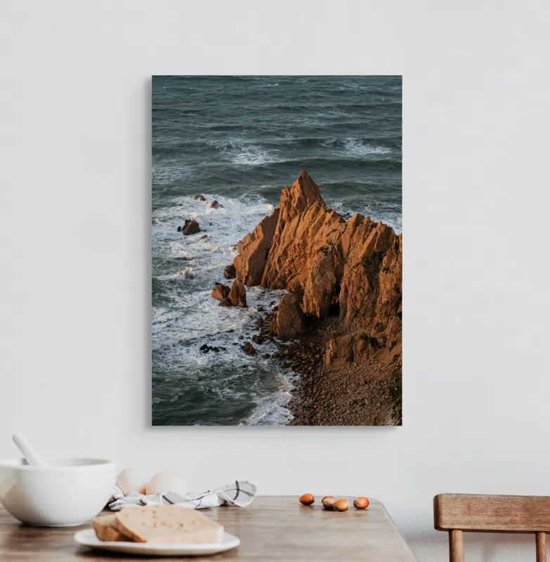 Tablou Canvas, "Ape sărate la stânci ascuțite", Stânci, Apus, Ocean, Valuri, Natură, Coastă, Peisaj, Dramatic, Stâncoasă, Înalțime., 50 x 70 cm – poza 3