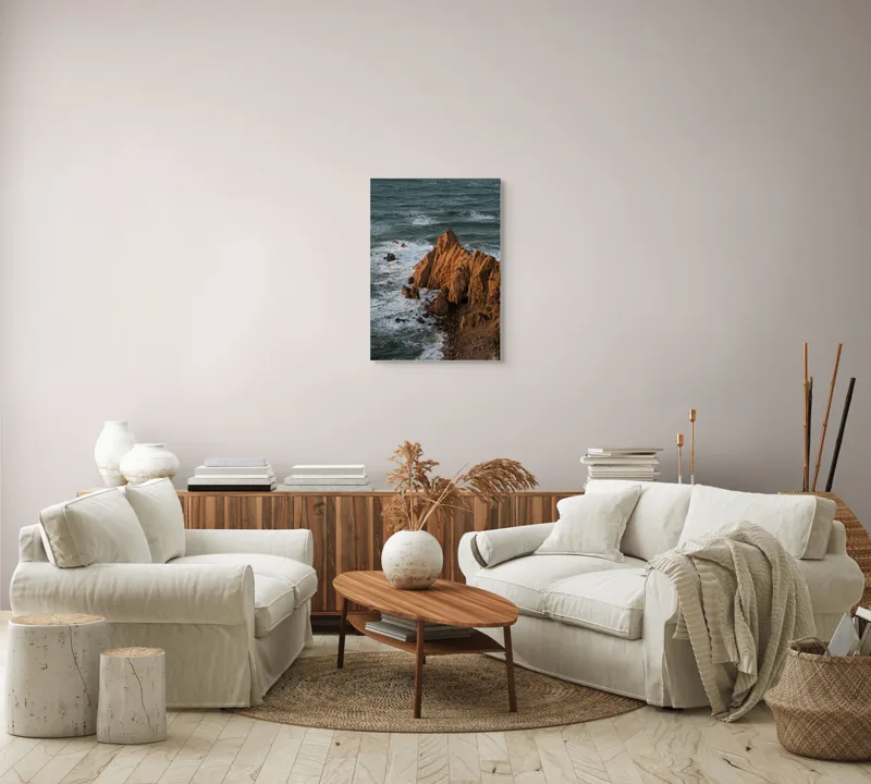 Tablou Canvas, "Ape sărate la stânci ascuțite", Stânci, Apus, Ocean, Valuri, Natură, Coastă, Peisaj, Dramatic, Stâncoasă, Înalțime., 50 x 70 cm – poza 4