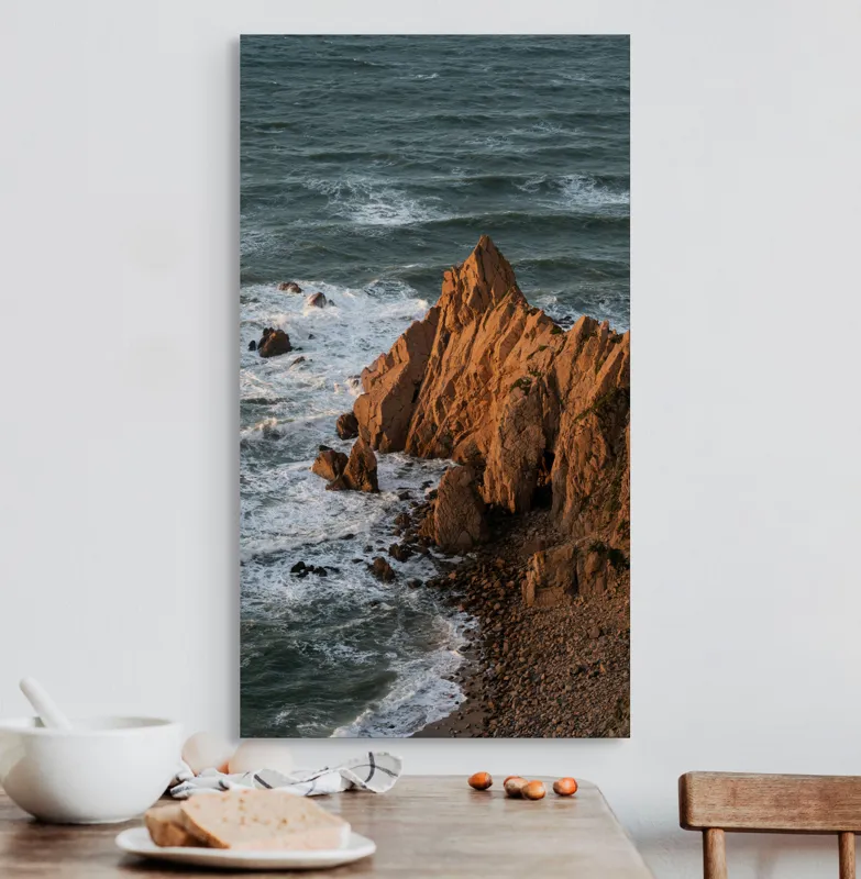 Tablou Canvas, "Ape sărate la stânci ascuțite", Stânci, Apus, Ocean, Valuri, Natură, Coastă, Peisaj, Dramatic, Stâncoasă, Înalțime., 50 x 90 cm – poza 3