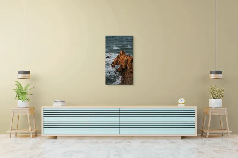 Tablou Canvas, "Ape sărate la stânci ascuțite", Stânci, Apus, Ocean, Valuri, Natură, Coastă, Peisaj, Dramatic, Stâncoasă, Înalțime., 50 x 90 cm – poza 6
