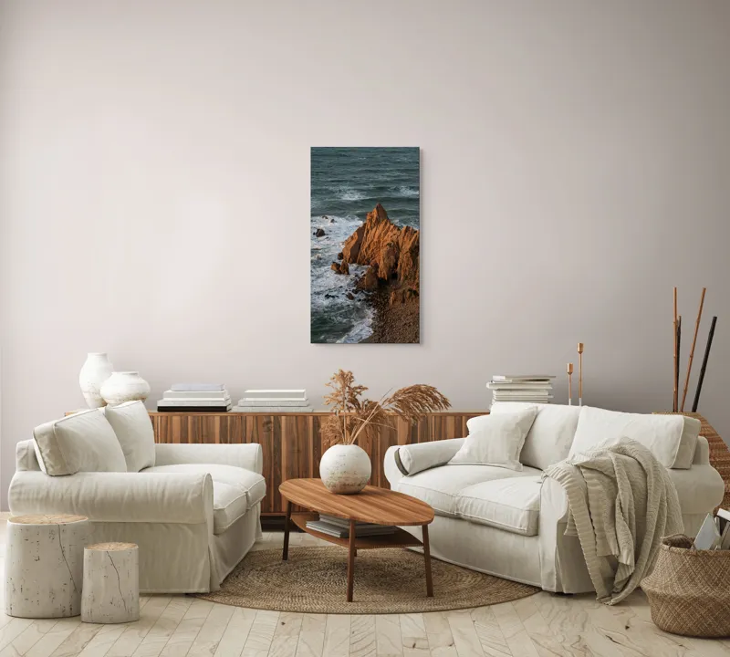 Tablou Canvas, "Ape sărate la stânci ascuțite", Stânci, Apus, Ocean, Valuri, Natură, Coastă, Peisaj, Dramatic, Stâncoasă, Înalțime., 50 x 90 cm – poza 7