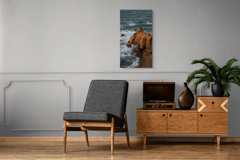 Tablou Canvas, "Ape sărate la stânci ascuțite", Stânci, Apus, Ocean, Valuri, Natură, Coastă, Peisaj, Dramatic, Stâncoasă, Înalțime., 50 x 90 cm – poza 8