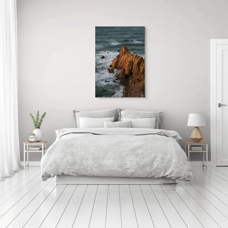 Tablou Canvas, "Ape sărate la stânci ascuțite", Stânci, Apus, Ocean, Valuri, Natură, Coastă, Peisaj, Dramatic, Stâncoasă, Înalțime., 70 x 100 cm – poza 3